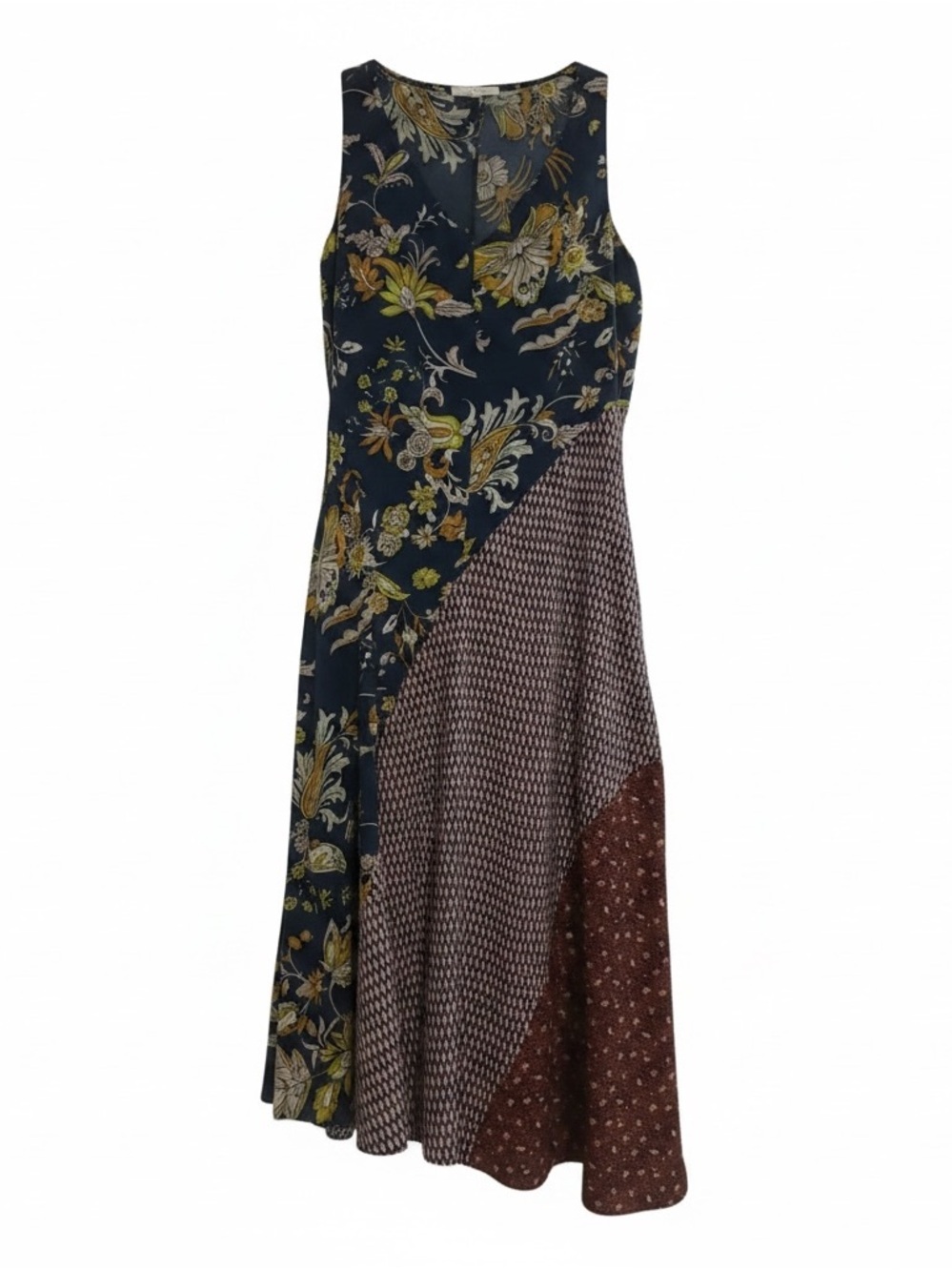 MELLODAY Patchwork Floral Maxi Dress in Navy, Brown and Mustard pockets